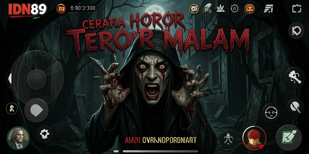 Tangkapan layar gameplay menegangkan IDN89 dengan suasana horor yang mencekam.