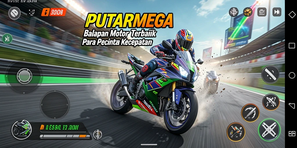 Screenshot gameplay PUTARMEGA menampilkan balapan motor yang mendebarkan dan grafis yang tajam.