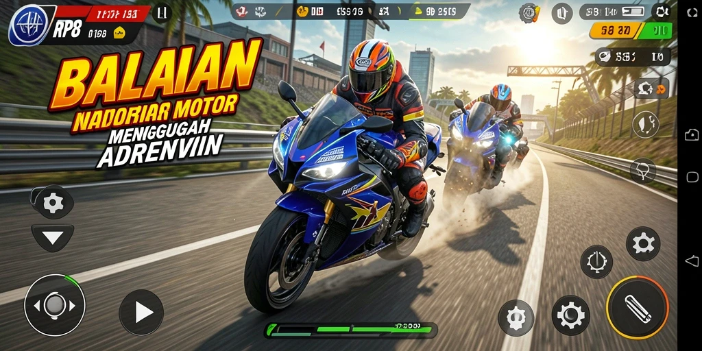 Screenshot gameplay RP8 menampilkan aksi balapan motor yang intens.