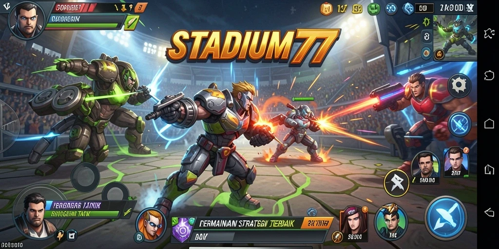 Screenshot utama STADIUM77 menampilkan gameplay strategi yang seru.